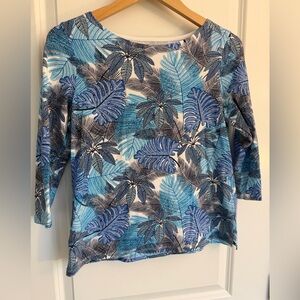 Talbots Blue Leaf Pattern 3/4 Sleeve Top